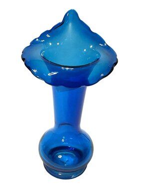 Jack in the Pulpit Hand Blown Art Glass Vase Stretched Blue 1960s Japan No Flaws